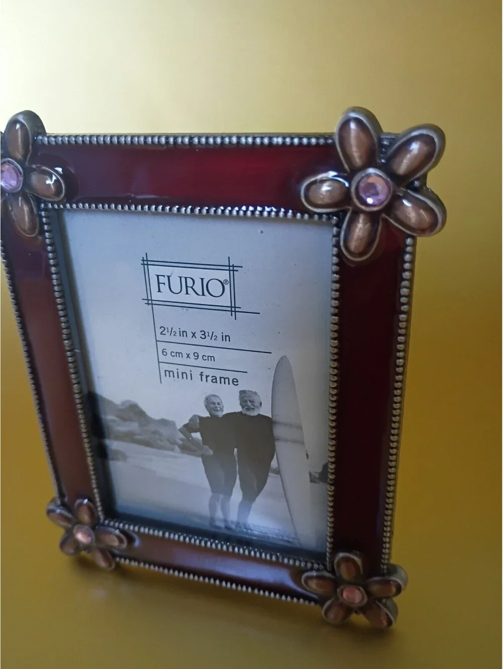 mini floral Flower picture frame Jeweled metal Enamel burgundy romantic 4.5x3.5